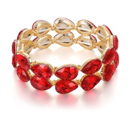 BriLove Wedding Bridal Bracelet for Brides Bridesmaids, Elegant Crystal Double Row Teardrop Cluster Bangle Stretch for Women Ruby Color Gold-Toned