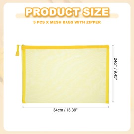 PATIKIL A4 Mesh Zipper Pouch Bags, 5 PCS Mesh Bags with Zipper Plastic Storage Pocket for Organizing File Beads Office Home Supplies, 34x24cm, Yellow