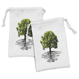 Lunarable Tree Fabric Pouch Set of 2, Majestic Lonely Olive Tree Oil Paint Print Mirrored Leavesless Branches Art, Small Drawstring Bag Toiletries Masks and Favors, 9" x 6", Black and Green