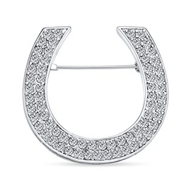 Large Western Fashion Statement Equestrian Cubic Zirconia Pave CZ Scarf Horseshoe Brooch Pin for Women Silver Plated Brass