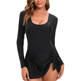 NESY Long Sleeve Swimsuits for Women Rash Guard Scoop Neck One Piece Bathing Suit Swim Dress Woman Swimwear Swimdress UPF 50+, 0-567030-nouvel-black, Medium