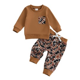 PUHHAPIEY Toddler Boy Fall Winter Clothes Baby Camo Outfits Retro Duck Embroidery Hunting Sweatshirts + Camouflage Pants Set (Brown, 18-24 Months)