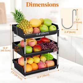 Lifewit Fruit Basket for Kitchen Counter, 3 Tier Fruit Bowl with Banana Hanger, Vegetable Storage Stand Holder Organizer for Bread Snack Produce, Black, 35 x 24 x 40 cm/14 x 9.5 x 16 inch