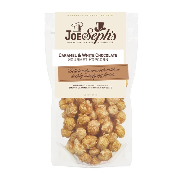 Joe & Seph's Caramel White Chocolate Gourmet Popcorn (1x80g), gourmet popcorn, air-popped popcorn, popcorn bag, popcorn for a party, sweet popcorn
