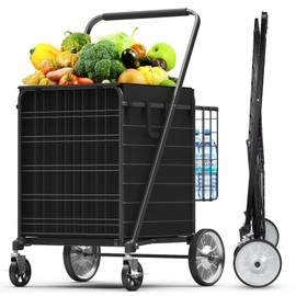 XING LANG Folding Shopping Cart for Groceries with Braked Rolling Swivel Wheels - Gigantic Heavy Duty Grocery Cart with Double Basket & Removable Waterproof Liner, Upgraded Laundry Utility Cart