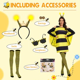 RISINGOR Bee Costumes for Adults, Bumblebee Bee Costume Women with Headband Sunglasses Sticker Stud Earrings Socks Yellow Honey Bee Dress Bees Fancy Dress Costumes for Carnival Cosplay Party (XXL)