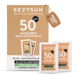 EEZYSUN Mineral SPF 50 Mini Sunscreen Travel Size Snap Packets - Infused with Aloe Vera, Vegan & Reef-Safe, Broad Spectrum, Non-Oily & Natural with UVA/UVB Protection, 10 Packets x 0.27 FL OZ