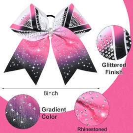 DEEKA 6PCS 8" Large Glitter Cheer Bows Black and Pink Gradient Color Rhinestone Shiny Cheer Hair Bows Elastic Band Ponytail Holder for Cheerleader Girls Sports -White/Pink/Black