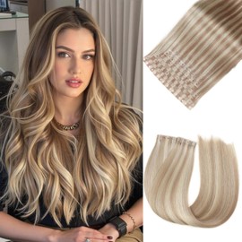 Micro Ring PU Hair Extensions Remy Human Hair Extension Ash Blonde Highlight 18/613 Glueless Skin Weft Human Hair Extensions PU Invisible Tape in Hair Extension for Women (70g 8Pcs,18 Inch)