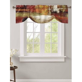 RisQiten Burnt Orange Tie Up Valance Curtains for Windows, Brown Green Fall Kitchen Curtains Window Treatments, Modern Oil Painting Abstract Art Short Window Valances for Bedroom Bathroom Cafe 42"x18"