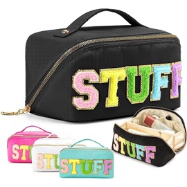 Large Nylon Make Up Bag Chenille Letter Patch Preppy Makeup Bag Large Capacity Travel Cosmetic Bag Stuff Make Up Bags Organizer with Handle Portable Beauty Toiletry Bags (Black)