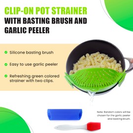 Clip On Kitchen Food Strainer for Spaghetti, Meat, Pasta, & Ground Beef Grease, Colander & Sieve Snaps or Clips Onto Bowls, Pots & Pans Includes Silicone Drainer, Brush & Garlic Peeler (Green)