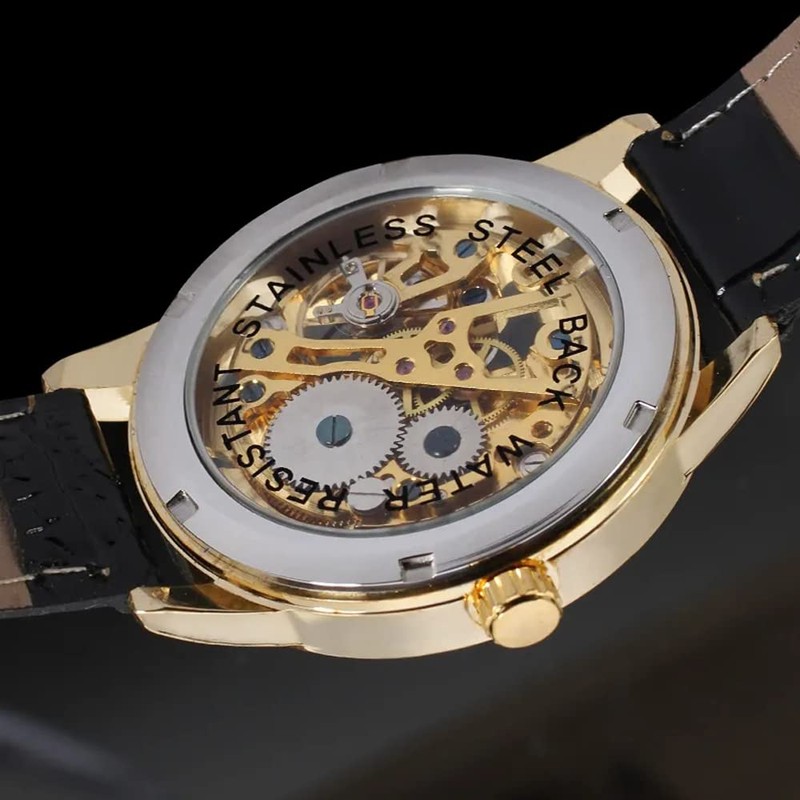 Dentily Classic Mechanical Hand-Wind Watch Men's Skeleton Watch Leather Strap