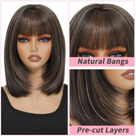 JulyQueen Brown Highlight Wig with Bangs Synthetic Wigs for black women Straight Layered Bob Wigs with Bangs None Lace Front Wig Wear and Go Glueless Wig Short Wigs 16 Inch