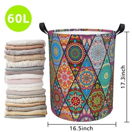 Naqiuli Bohemian Mandala Laundry Basket Foldable Laundry Hamper Waterproof Oxford Cloth Large Laundry Basket Clothes Storage Bucket Toy Organizer For Bathroom, Laundry, College 17.3 x16.5 Inch