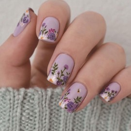 Short Press on Nails Square Fake Nails Purple Nails Press ons Glossy Glue on Nails Daily Wear Nature False Nails with Floral Designs Spring Acrylic Nails Summer Stick on Nails for Women 24Pcs