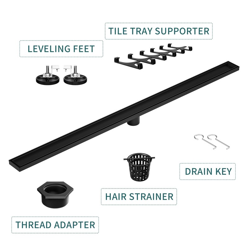 Bernkot Linear Shower Drain 42", Matte Black Floor Drain with