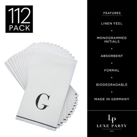 Luxe Party 112 Pack Monogram Napkins | Letter G Initial | Disposable | Premium Airlaid | Linen Feel | Decorative Table Setting | Guest Towel Napkin | White and Black