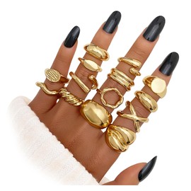 IFKM 14pcs Gold Chunky Rings Set for Women 14k Gold Plated Thick Dome Stackable Open Rings Trendy Dainty Minimalist Jewelry Gifts