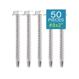 IMScrews 50pcs #8 x 2" Stainless Hex Washer Head Self Drilling Screws, 410 Stainless Steel Full Thread Sheet Metal Tek Screws