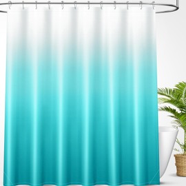 OLANLY Luxury Teal and White Ombre Shower Curtain Sets with 12 Hooks, Waterproof and Washable Decorative Shower Curtains for Bathroom, 72x72 Inches