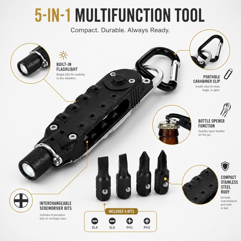 Mini Keychain Multitool for Travel – Stainless Steel Screwdriver, Hex