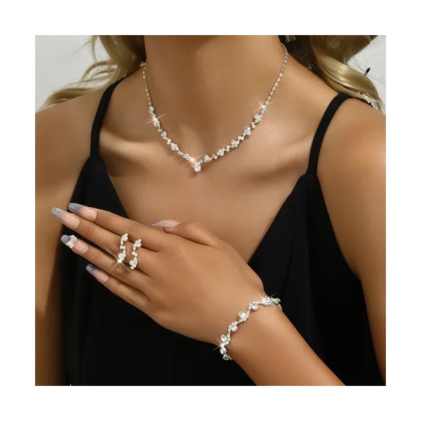 Joyería Juego De Collar Pulsera Pendientes Para Novia Mujer Plateado