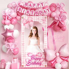 Pink Photo Booth Props for Girls,Pink Bow Birthday Party Decorations,White Balloons, Glitter Banner,Lightpink Themed Party Supplies