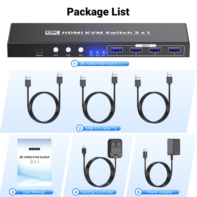 8K60Hz 4K120Hz KVM Switch 1 Monitor 3 Computers, 3 Port