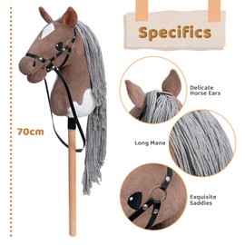 BEJOY Horse Toy Horse, Hobby Horse Wooden Horse Plush Horse for Riding for Children with Halter and Bridle, Brown/White