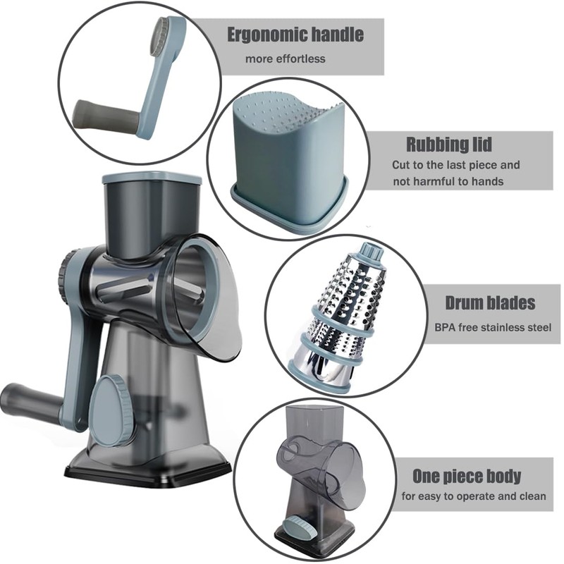 Rotary Cheese Grater Shredder with Handle Handheld Round Mandoline Vegetable