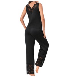OYOANGLE Women's 2 Piece Satin Pajama Contrast Lace Tank Top and Long Pants Set Sleepwear Black X-Large