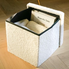 Luxe L 100% Faux Fur Go-Poufs Knock-Down Small Cube Teddy Boucle Storage Ottoman | 12"x12"x12" | White