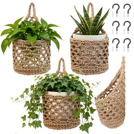 VMEECARL 4-Pack 5-Inch Macrame Wall Plant Hangers, Natural Cotton Hanging Planter Baskets for Indoor Plants, Boho-Style Woven Plant Baskets for Walls, Small Hanging Pots for Succulents