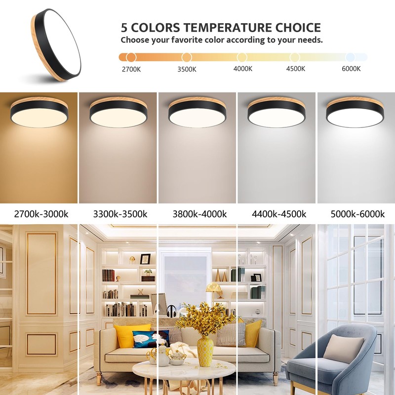 Dimmable Modern Wood Ceiling Light, Black LED 5CCT 2700K-6000K Flush