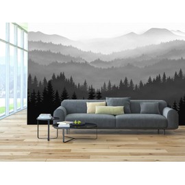 WFBHUA-Black and White Forest Mountain Wallpaper Gray Woodland Nature Landscape Wall Paper Mural for Bedroom Living Room(Not Peel and Stick)