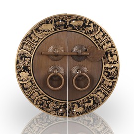 HERCHR A Pair of Round Door Handles Made of Antique Brass, Drawer Handles, Round, Double Door Ring Handle, Vintage Chinese Lock with Key for Cupboard, Jewellery Box, Gift Box, Decoration