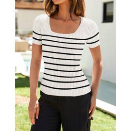 ZESICA Striped Tops for Women Summer Square Neck Tops Basic Tee Shirts Fashion 2024 Trendy Clothes,White, Medium