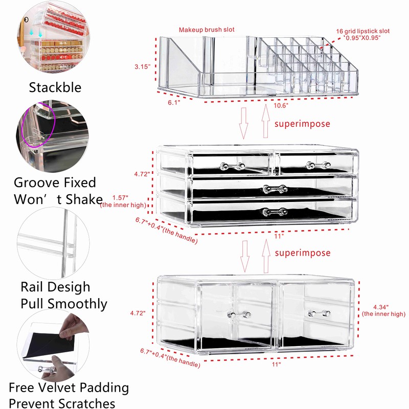 Cq acrylic 3 Pack Clear Makeup Storage Organizer,Stackable 6 Drawers