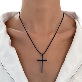 Aneneiceera Punk Black Cross Necklace Choker Gothic Black Leather Cross Crucifix Pendant Necklace Braided Wax Rope Chain Strap Necklace Black Tone Bible Crucifix Necklace Charm for Women and Girls