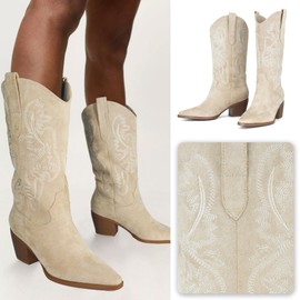 iiimmu Cowgirl Tall Boots Pointed Toe and Block Heel Cowboy Suede Boots with Embroidered, Beige, Size 8.5