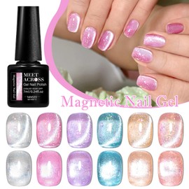 MEET ACROSS 7ml Flakes Magnetic Gel Nail Polish, Glitter Sequins Cat Eye Gel Polish With Cloud Silk Effect for Soak Off UV/LED for Nail Art Design