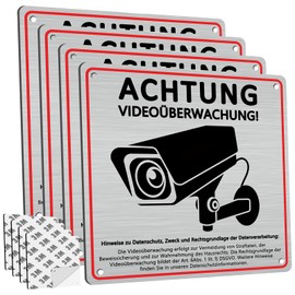 DADAPANGHU 4 Stck Achtung Videoberwachung Schild Privatgrundstck mit DSGVO Hinweis, 15x15cm, Gebrstetes Aluminium, Selbstklebend und 4 Bohrl?cher, Kamera berwachung Schild, Hinweisschild Videoberwachung