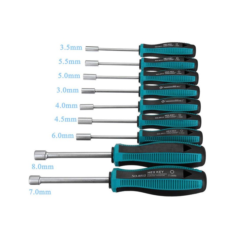 Meichoon 9pcs Socket Wrench Screw Driver Non-Magnetic Tip Metal Hex