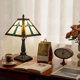 NUODITOS Tiffany Style Table Lamp Mission Design Stained Glass Lamp Vintage Handmade Nightstand Lamp with LED Bulbs Included for Home Living Room Bedroom Office