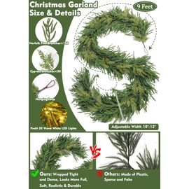 9 Ft by 10 Inch Real Touch Norfolk Pine Garland, Prelit Christmas Garland with Lights Timer 180 Pine Cypress Tips, Cedar Garland Artificial Realistic Soft Thickness Greenery Garlands for Mantle Home