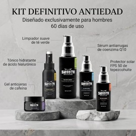 SMOOTH Kit Anti Edad Cuidado Facial Hombres: 5 productos: Limpiador Suave, Tónico Hidratante, Sérum Anti Arrugas, Gel Quita Ojeras, Protector solar FP