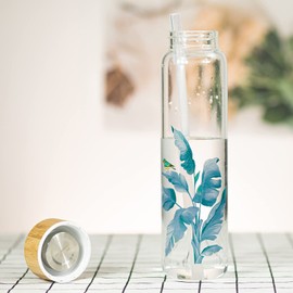 Ferexer 32 oz Glass Water Bottle with Straw, Wide Mouth Borosilicate Glass Bottle with Bamboo Lid and Neoprene Sleeve (32oz, Blue Leaves)