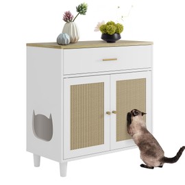 Hidden Cat Litter Box Furniture with Storage Drawer, Wood Cats Litter Enclosure Cabinet with 2 Sisal Doors, Hidden Enclosed Kitty Litter Box Cabinet Dog Proof for Living Room White