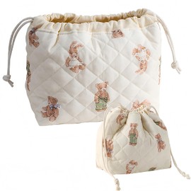 Quilted Drawstring Makeup Bag,Coquette Cotton Cosmetic Bag with Canvas Lining,Travel Make Up Pouch Organized Cute Small Aesthetic Toiletry Bags for Purse Collapsible Storage Bag (Bear)